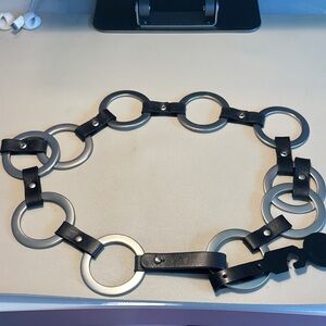 Round Metal Link Leather Belt - Black and Silver